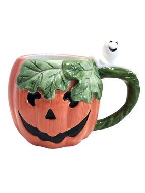 Fitz And Floyd Essentials Pumpkin Mug With Ghost Handle Ceramic Halloween Decor